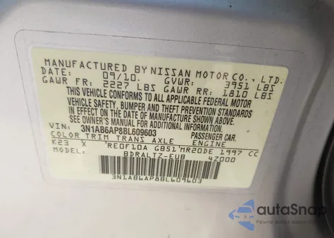 2011 Nissan Sentra 2.0Sr z USA, uszkodzony, nr VIN 3N1AB6AP8BL609603